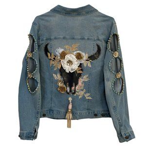(H-219) Embellished Denim Jean Jacket Size L